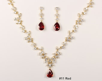 Rode bruidssieraden set, Bourgondische bruidsoorbellen, CZ ketting, bruidsketting, Cubic Zirconia ketting, donkerrode bruiloft sieraden set