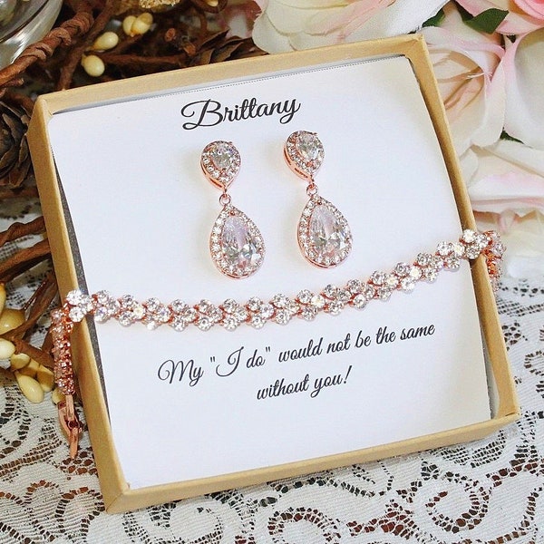 Color personalizado, Juego de regalo para dama de honor, Pendientes de dama de honor con forma de lágrima, Pendientes nupciales, Pulsera CZ, Pendientes de circonio cúbico, Juego de joyas de boda