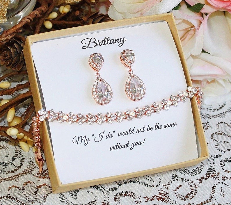 Custom color, Bridesmaid gift set, Tear drop bridesmaid earrings, Bridal Earrings, CZ Bracelet, Cubic Zirconia Earrings, Wedding Jewelry Set 