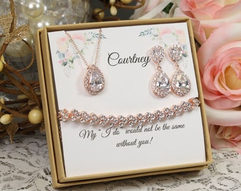 Custom color, Bridesmaid gift set, Tear drop bridesmaid earrings, Bridal Earrings, CZ Bracelet, Cubic Zirconia Earrings, Wedding Jewelry Set