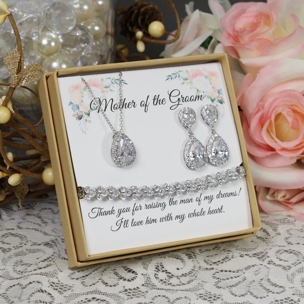 Custom color, Bridesmaid gift set, Tear drop bridesmaid earrings, Bridal Earrings, CZ Bracelet, Cubic Zirconia Earrings, Wedding Jewelry Set
