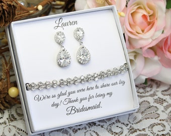 Custom color, Bridesmaid gift set, Tear drop bridesmaid earrings, Bridal Earrings, CZ Bracelet, Cubic Zirconia Earrings, Wedding Jewelry Set