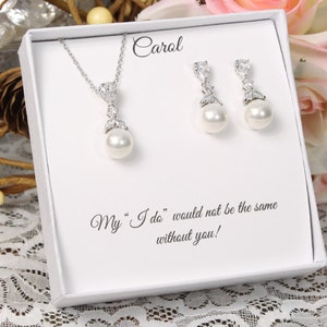 Bridesmaid gift set, Cubic Zirconia Pearl bridesmaid earrings, Bridal Earrings, CZ Pearl Drop Earrings, Pearl Necklace Wedding Jewelry Set image 1