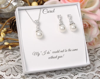 Brautjungfer Geschenk-Set, Cubic Zirconia Perle Brautjungfer Ohrringe, Braut Ohrringe, CZ Perle Tropfen Ohrringe, Perlenhalskette Hochzeit Schmuck Set