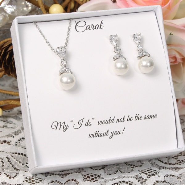 Bridesmaid gift set, Cubic Zirconia Pearl bridesmaid earrings, Bridal Earrings, CZ Pearl Drop Earrings, Pearl Necklace Wedding Jewelry Set