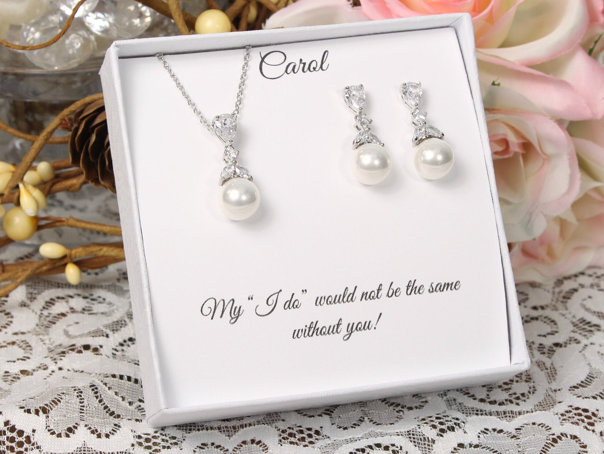 Bridesmaid gift set, Cubic Zirconia Pearl bridesmaid earrings, Bridal Earrings, CZ Pearl Drop Earrings, Pearl Necklace Wedding Jewelry Set