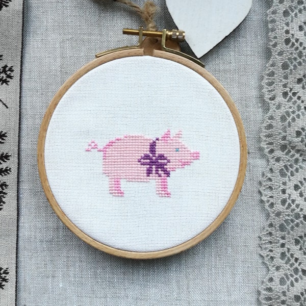 Pink pig cross stitch pattern PDF, Small farm animal pattern