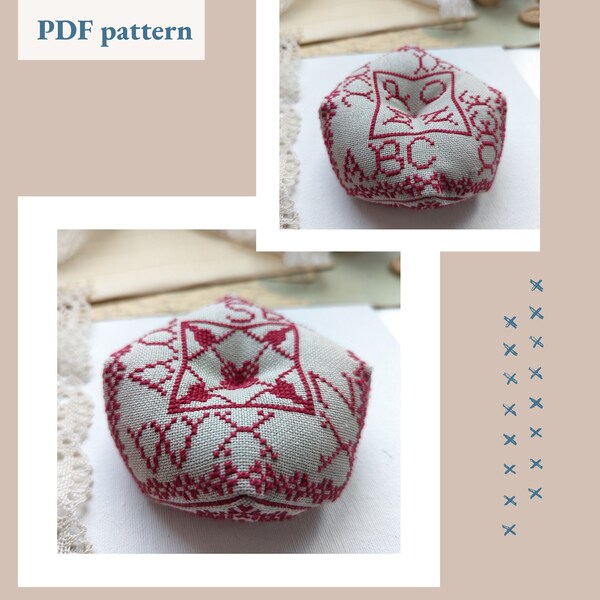 Biscornu cross stitch pattern ABC Pincushion PDF Pinkeep with Alphabet red sampler