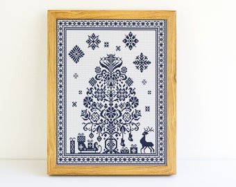 Christmas cross stitch pattern Sampler cross stitch blue and white PDF Monochrome Sampler