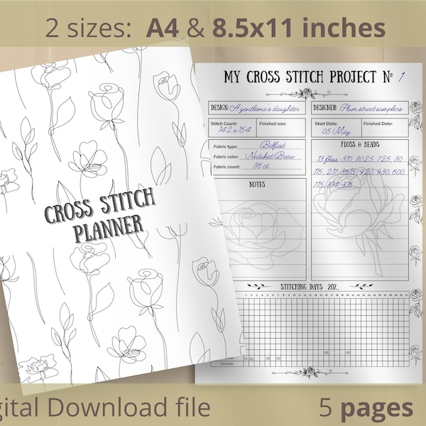 Minimalist cross stitch planner Printable A4 & US letter Roses cross stitch project tracker