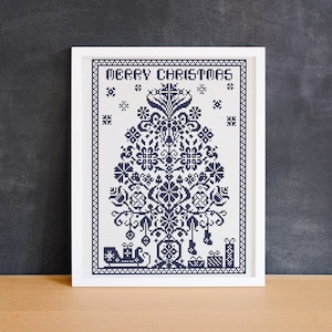 Merry Christmas cross stitch pattern PDF Blue sampler cross stitch