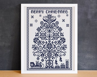 Merry Christmas cross stitch pattern PDF Blue sampler cross stitch