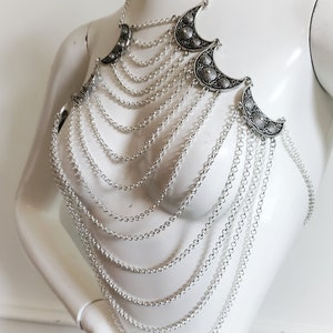 Egyptian Silver Coin Bra Cover with Crescent Pendants and Chain Drapes