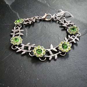 Green Rhinestone Flower Bracelet - Renaissance Faire Garb Accessories - Fairy Jewelry - Fairy Bracelet - Flower Jewelry - Handmade Gift Idea
