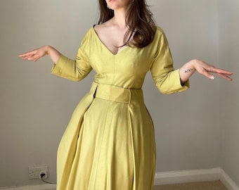 Stunning vintage chartreuse green silk 1950's dress