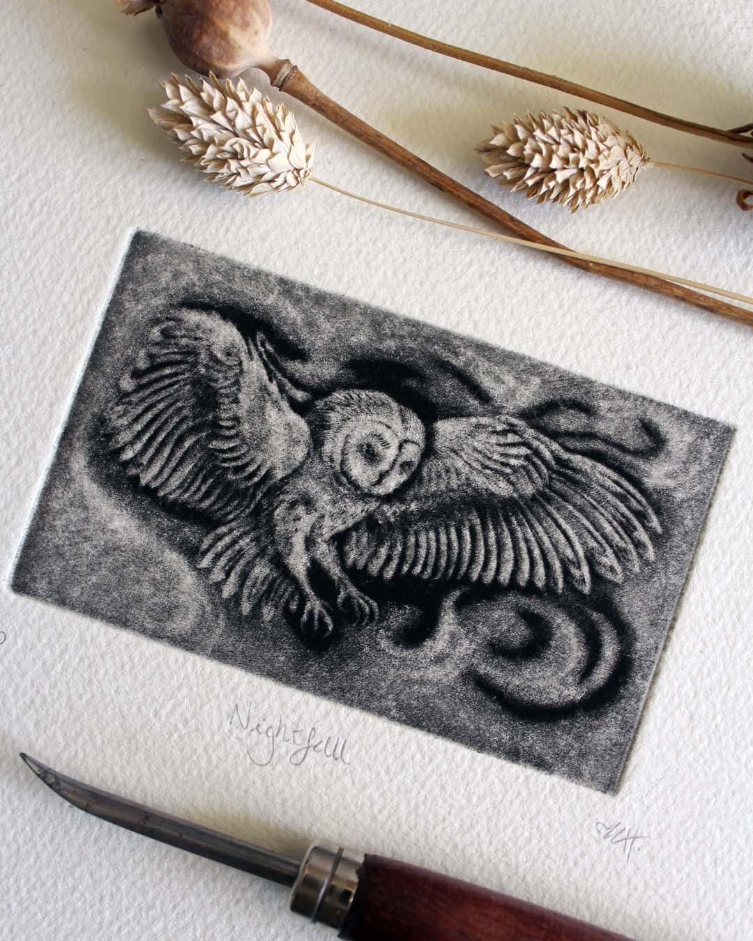 Hand Printed Barn Owl Mezzotint: 'Nightfall'