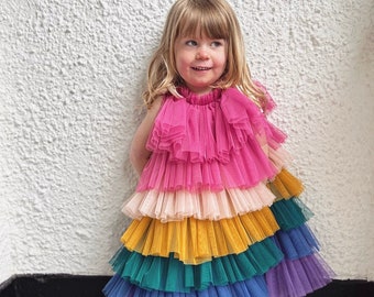 bright rainbow ruffle dress