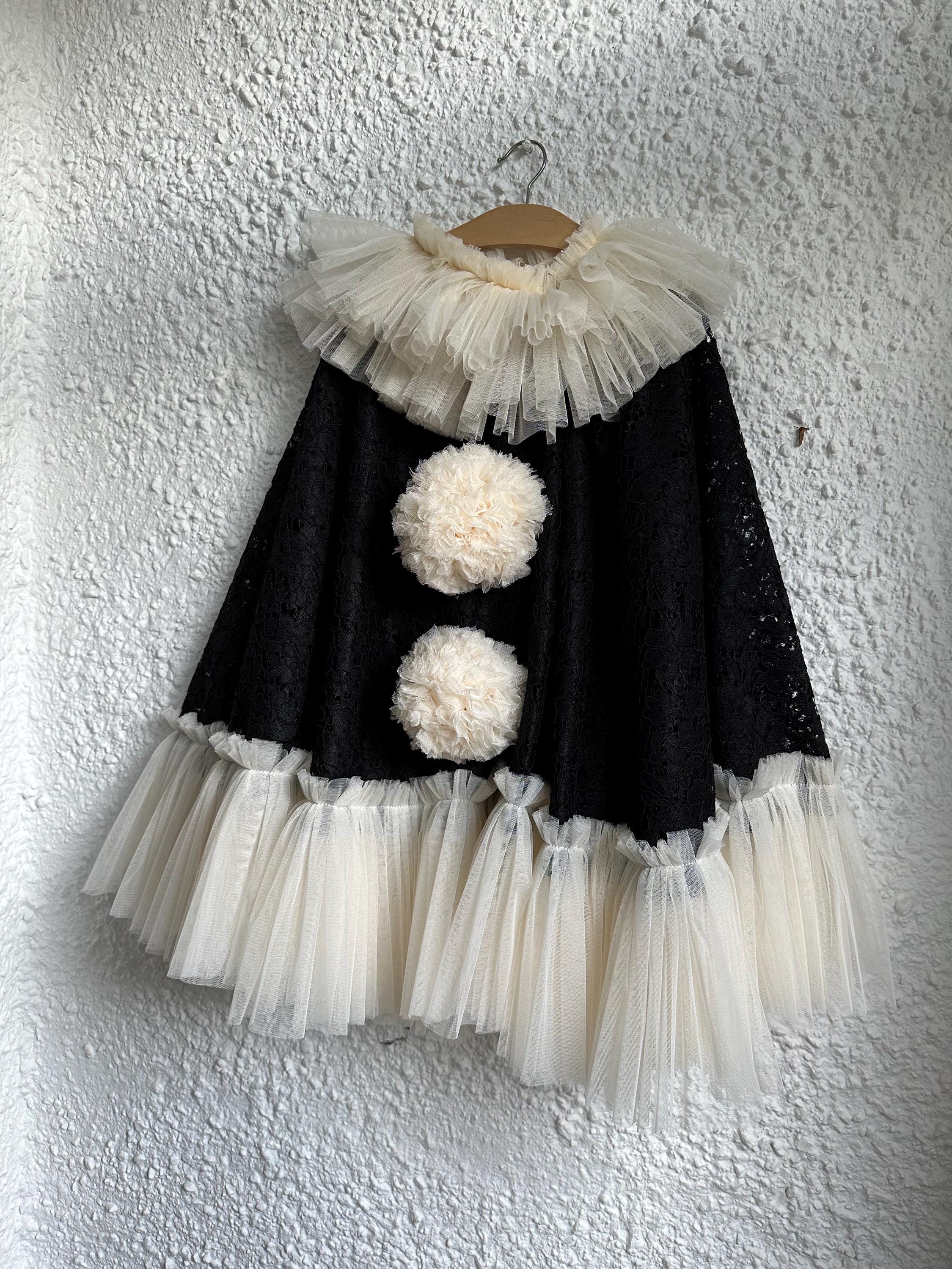 Limited Edition black corded pierrot clown tie back cape and hat set