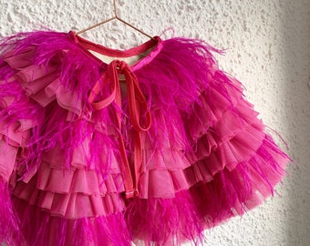 Mini pink ruffle/ostrich feather cape