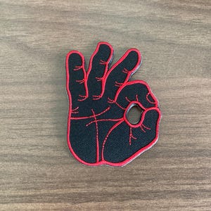 Ok Okay Hand Symbol Iron On Patch, Right Black With Red