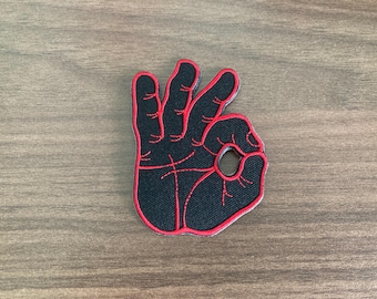 Ok Okay Hand Symbol Iron on Patch, Right Black with Red