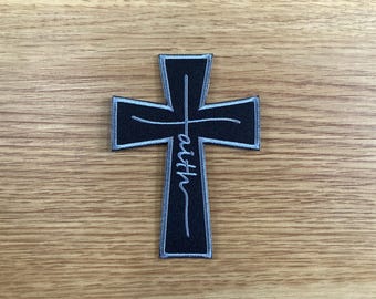 Faith Cross Iron On Patch, Black Fabric