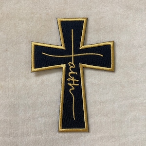 Faith Cross Iron On Patch, Black Fabric Style 1