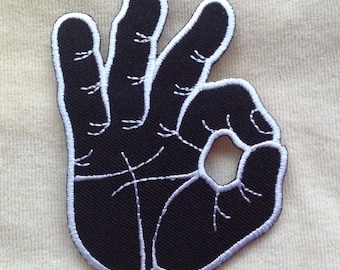 Ok Okay Hand Symbol Iron On Patch, Right Black