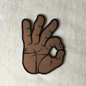 Ok Okay Hand Symbol Iron On Patch, Right Brown