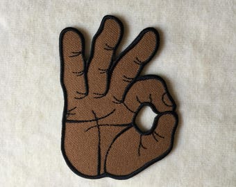 Ok Okay Hand Symbol Iron On Patch, Right Brown
