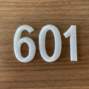 May include: White embroidered number patches spelling out "601" on a wooden surface. The numbers are in a simple, sans-serif font, and the embroidery gives them a textured appearance. The background is a warm, medium-toned wood grain.