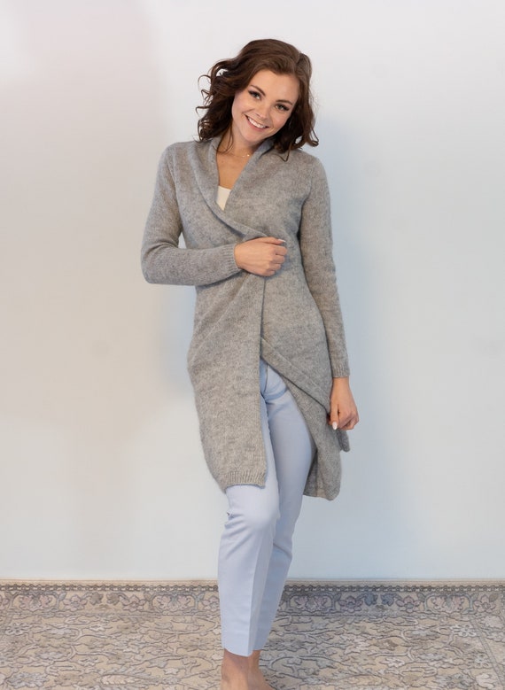 Long Wool Cardigan Grey Knit Soft Wool Knee Length Winter - Etsy