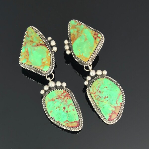 Magnificent Green Turquoise Native American Earrings Signed - Rosella Sandoval (Apache)