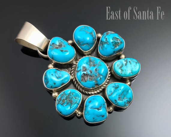 Signed Vintage Native American Navajo Sleeping Beauty Turquoise Sterling Silver Flower Neckalce Signed Vintage Native American Navajo Sleeping Beauty Turquoise Sterling Silver Flower Neckalce