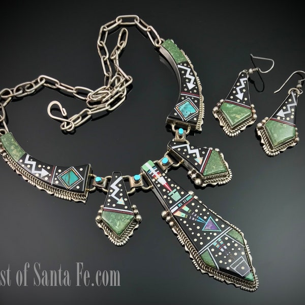 Spectacular! Ray Jack Native American Navajo Inlay Necklace & Earrings