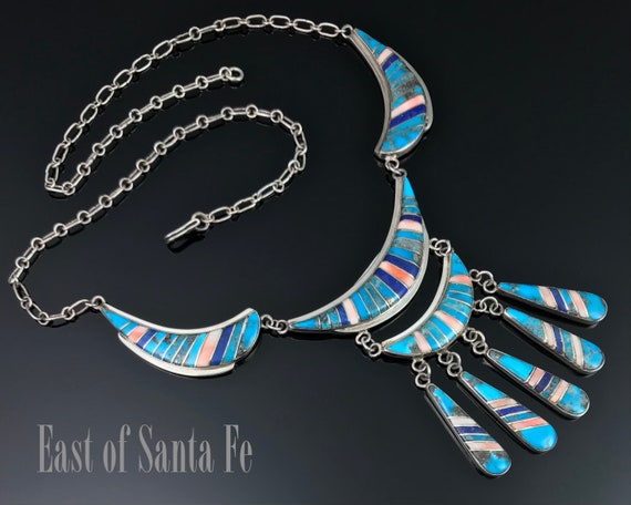 Impressive Vintage Native American Zuni Turquoise Sterling Silver Necklace Signed Impressive Vintage Native American Zuni Turquoise Sterling Silver Necklace Signed