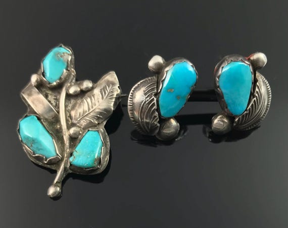 Simplicio Turquoise Pin and Earrings Native American Zuni- Vintage View 2
