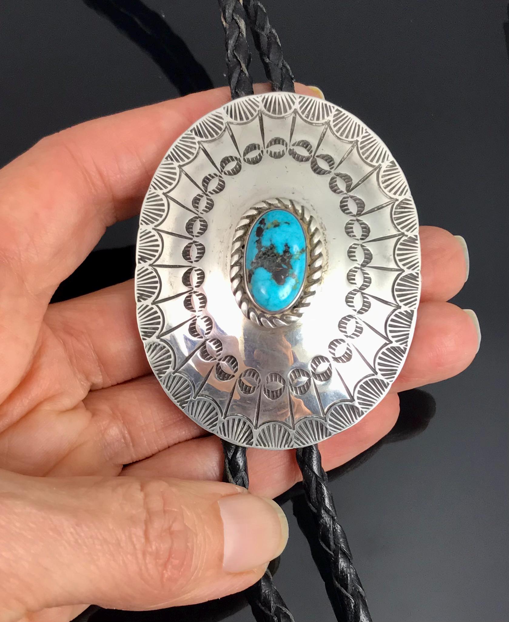 Vintage Stamped Navajo Turquoise & Sterling Bolo Tie Native American ...
