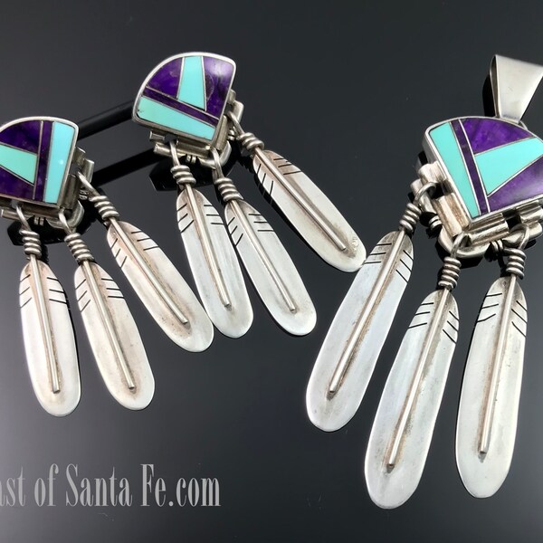 Sugilite & Turquoise Inlay Earrings and Pendant Set Native American Navajo Zuni