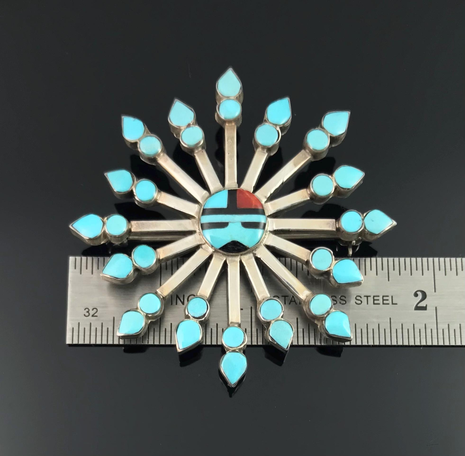 Vintage Zuni Turquoise Petit Point Sun Face Pin Pendant Necklace Native ...