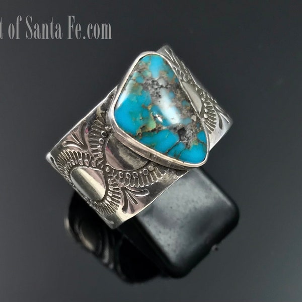 Wide Morenci Turquoise Cigar Band Ring Navajo Native American Size 11 Signed - Arnold Goodluck