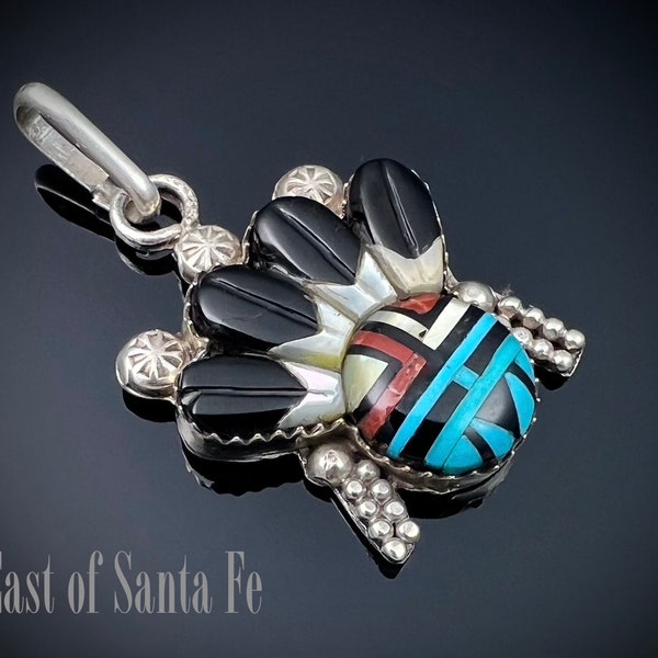 Zuni Inlay Sun Face Kachina Pendant Native American Necklace Signed - Barbara Dewa Weebothee