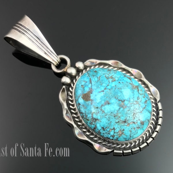 Blue Turquoise Navajo Native American Pendant Necklace Sterling Silver Signed - Samuel Yellowhair