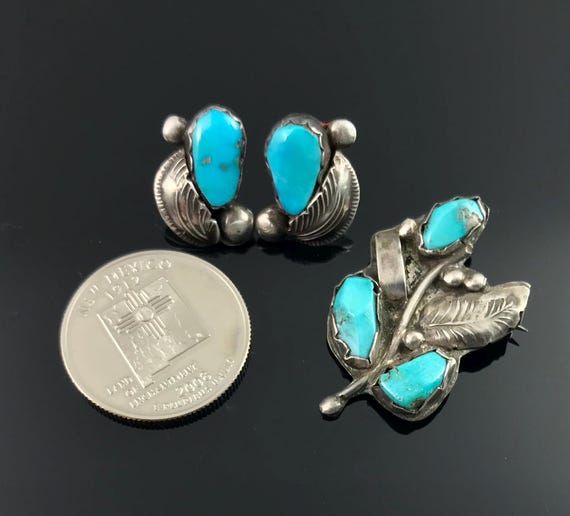 Simplicio Turquoise Pin and Earrings Native American Zuni- Vintage View 6