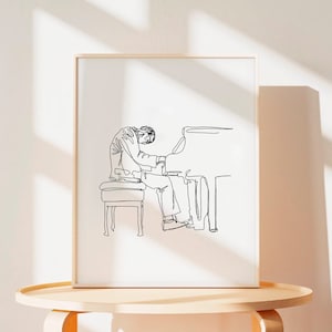 Bill Evans - Art Print - Simple line drawing of Bill Evans sat at his piano, one continuous line style, minimal jazz art, jazz piano art