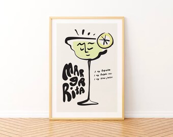 Impresión de cóctel MARGARITA, arte de cocina, cartel de mediados de siglo, receta de tequila, amante del cóctel, arte gastronómico, decoración de cocina, línea gráfica fresca y vanguardista