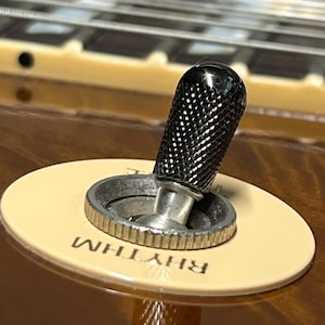 May include: Close-up of a black toggle switch with a knurled knob, labeled "RHYTHM" on a cream-colored plate.