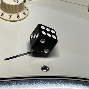 May include: A black dice with white dots, attached to a black hair clip. The dice is showing the number six.