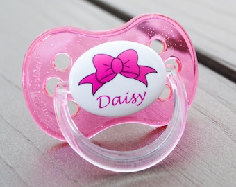 PERSONALISED DUMMY PACIFIER SOOTHER ANIMAL PINK FONT ALL TEATS,SIZES /& COLOURS