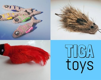 3 combo pack cat toys set - Soft Sardines Fish Cat Nip filled,  Charlie Cardinal, Rafa Rat by Tiga Toys, Handmade, chase teaser toys